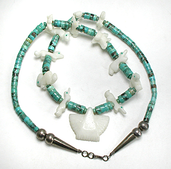 turquoise heishi and white marble animals necklace 22 inches long