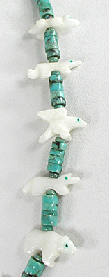 turquoise heishi and white marble animals necklace 22 inches long