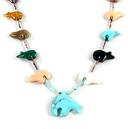 colorful bears and turquoise heishi necklace 31 inches long
