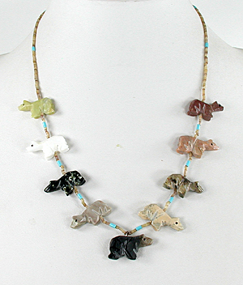 mixed stone bears and heishi necklace 31 inches long