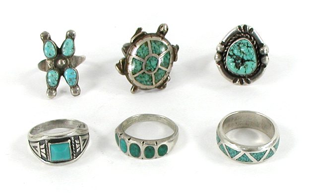 Six Turquoise Rings size 5 1/2 tp 6 3/4