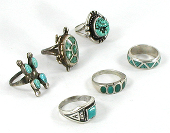 Six Turquoise Rings size 5 1/2 tp 6 3/4