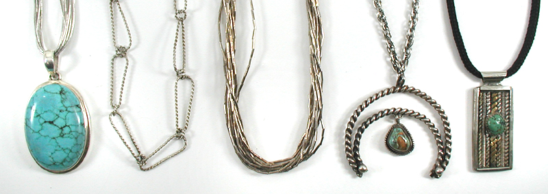 Bargain Barn lot of 5 necklaces including sterling silver 10-strand liquid silver and turq
