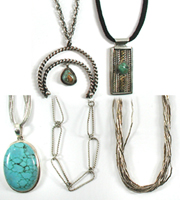 Bargain Barn lot of 5 necklaces including sterling silver 10-strand liquid silver and turquoise