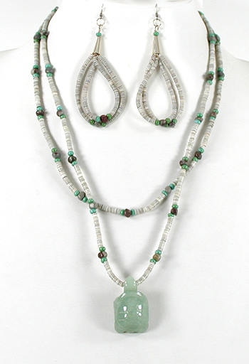 2 strand olive shell heishi earrings and  necklace set with aventurine turtle pendant 22 inches long