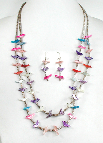 Two-strand heishi Bird Necklace with matching earrings