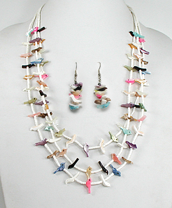 Three-strand heishi Bird Necklace with matching earrings