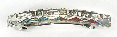sterling silver overlay with turquoise and coral chip inlay storyteller barrette