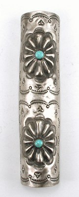 Authentic Native American jewelry hair barrette sterling silver stamped repousse long pony tail cover by Navajo artist Dale Morgan
