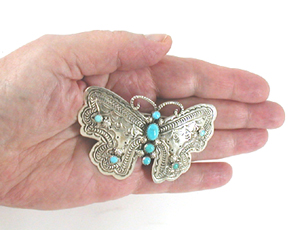 Authentic Native American stamped sterling silver and turquoise Butterfly hair barrette by Navajo silversmith June Delgarito