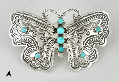 Authentic Native American stamped sterling silver and turquoise Butterfly hair barrette by Navajo silversmith June Delgarito