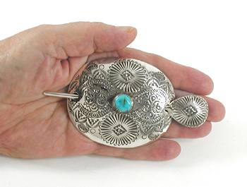 Authentic Native American stamped sterling silver and turquoise hair stick barrette by Navajo silversmith Shirley Skeets