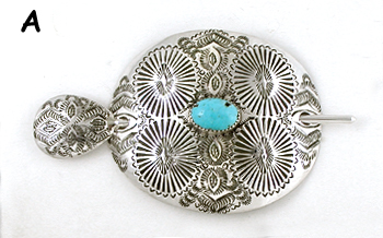 Authentic Native American stamped sterling silver and turquoise hair stick barrette by Navajo silversmith Shirley Skeets