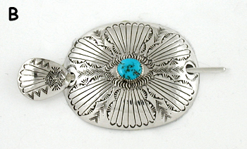 Authentic Native American stamped sterling silver and turquoise hair stick barrette by Navajo silversmith Shirley Skeets