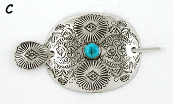 Authentic Native American stamped sterling silver and turquoise hair stick barrette by Navajo silversmith Shirley Skeets