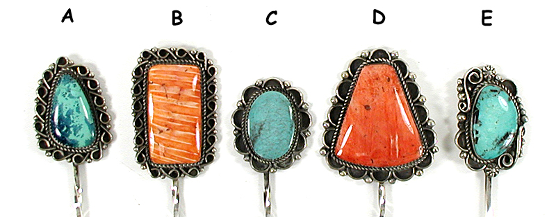 Authentic Native American sterling silver hair pin with turquoise and orange spiny oyster by Navajo silversmith Lorenzo Arviso, Jr.