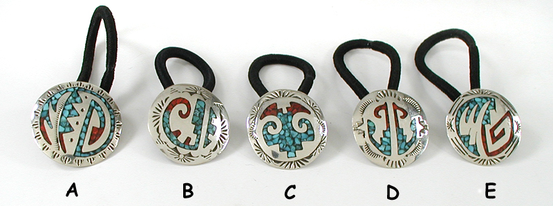 Authentic Native American sterling silver chip inlay pony tail concho bands with turquoise and coral by Navajo silversmith Jolene Yazzie