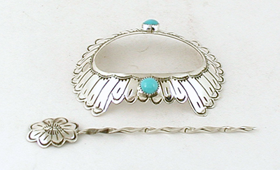 Authentic Native American sterling silver and turquoise turtle stick barrettes by Navajo silversmith Joann Silver