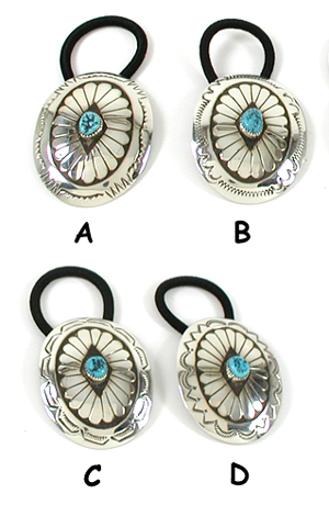 Authentic Native American sterling silver chip inlay pony tail concho bands with turquoise and coral by Navajo silversmith Jolene Begay