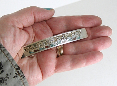 Navajo Sterling Silver Overlay and chip inlay storyteller barrette 