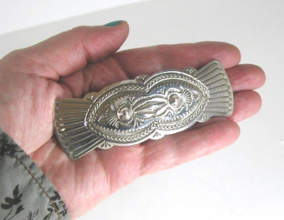 Authentic Native American sterling silver stamped repousse barrette by Navajo artist Arnold Blackgoat