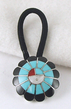 authentic Native American sterling silver and stone inlay Sunface Pony Tailer pony tail band by Zuni artisan Denise Siutza