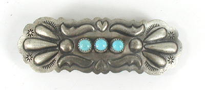 Authentic Native American sterling silver repousse and turquoise barrette by Navajo artisan Tim Yazzie