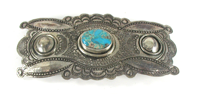 Authentic Native American Sterling Silver and Blue Gem turquoise barrette by Yaqui silversmith Art Tafoya