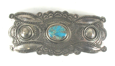 Authentic Native American Sterling Silver and Blue Gem turquoise barrette by Yaqui silversmith Art Tafoya