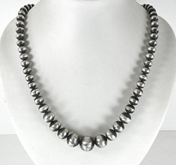 Native American Sterling Silver bead necklace stamped graduated antiqued satin finish by Navajo Jeffrey Nelson