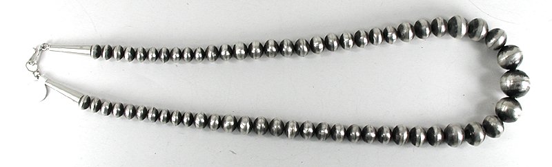 Native American Sterling Silver bead necklace stamped graduated antiqued satin finish by Navajo Jeffrey Nelson
