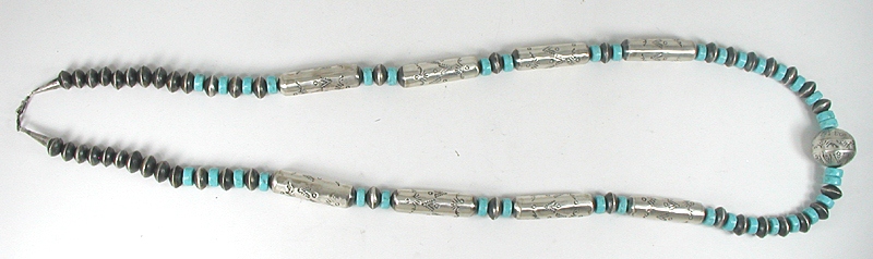 Authentic Native American Sterling Silver Stamped antiqued graduated  bead necklace 38 inches and earrings set by Navajo Sophia Becenti