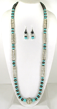 Authentic Native American Sterling Silver Stamped antiqued graduated  bead necklace 38 inches and earrings set by Navajo Sophia Becenti