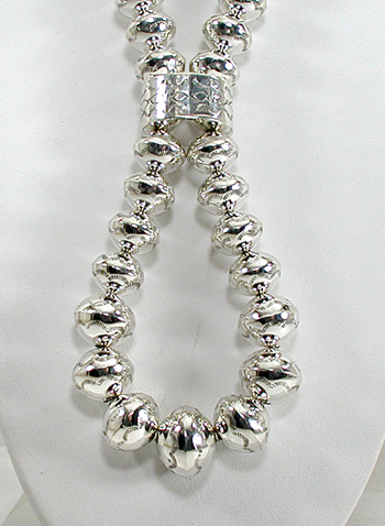 authentic Native American hand made Sterling Silver stamped bead necklace 28 inch by Navajo silversmith Jeffrey Castillo