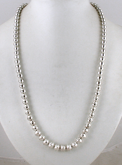 authentic Native American hand made Sterling Silver smooth bead necklace 26 inch by Navajo silversmith Juanita Skeets