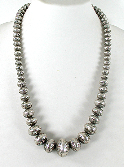 authentic Native American hand made Sterling Silver Stamped bead necklace 25 inch by Navajo silversmith Helen Chee
