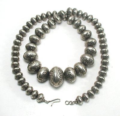 authentic Native American hand made Sterling Silver Stamped bead necklace 25 inch by Navajo silversmith Helen Chee