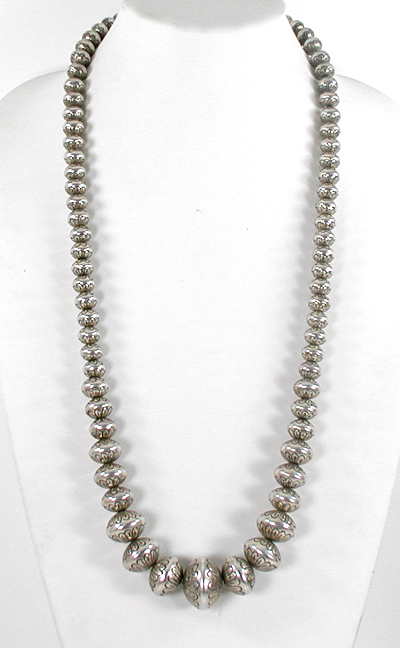authentic Native American hand made Sterling Silver Stamped bead necklace 31 inch by Navajo silversmith S. Wilson