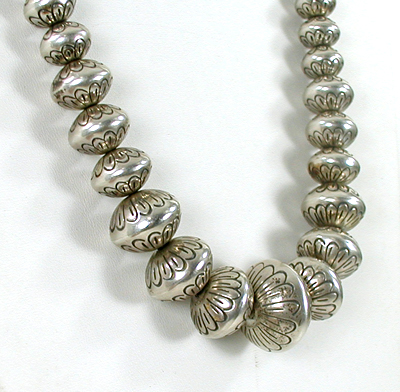 authentic Native American hand made Sterling Silver Stamped bead necklace 31 inch by Navajo silversmith S. Wilson