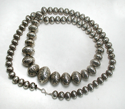 authentic Native American hand made Sterling Silver Stamped bead necklace 31 inch by Navajo silversmith S. Wilson