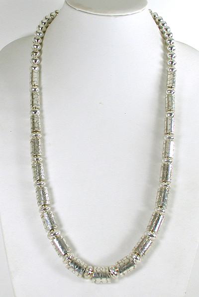 authentic Native American hand made Sterling Silver Navajo Pearls and Stamped barrel bead necklace 30 inch by Navajo silversmith Jeffrey Castillo