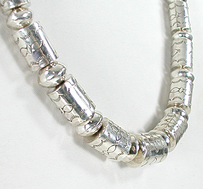 authentic Native American hand made Sterling Silver Navajo Pearls and Stamped barrel bead necklace 30 inch by Navajo silversmith Jeffrey Castillo