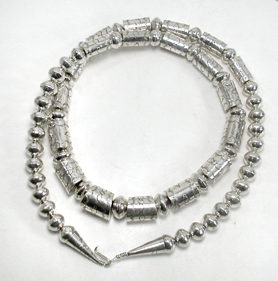 authentic Native American hand made Sterling Silver Navajo Pearls and Stamped barrel bead necklace 30 inch by Navajo silversmith Jeffrey Castillo