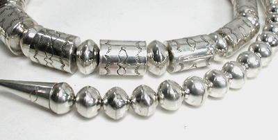 authentic Native American hand made Sterling Silver Navajo Pearls and Stamped barrel bead necklace 30 inch by Navajo silversmith Jeffrey Castillo