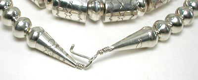 authentic Native American hand made Sterling Silver Navajo Pearls and Stamped barrel bead necklace 30 inch by Navajo silversmith Jeffrey Castillo