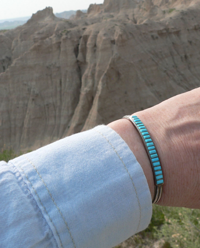 Native American Zuni Sterling Silver Turquoise Inlay Bracelet