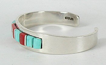 Native American Navajo Sterling Silver Turquoise and  coral Inlay Bracelet