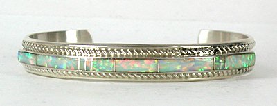 Hand made Native American Indian Navajo Sterling Silver Opal Inlay Bracelet