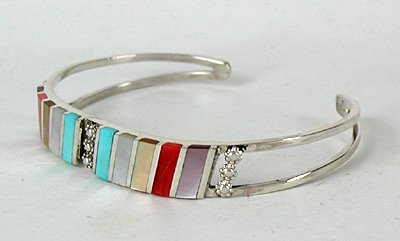 Hand made Native American Indian Zuni Sterling Silver Multi-Stone Inlay Bracelet