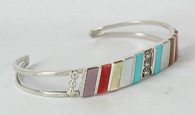 Hand made Native American Indian Zuni Sterling Silver Multi-Stone Inlay Bracelet